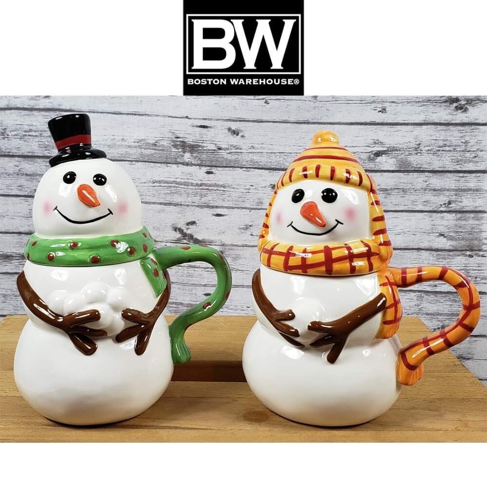2 Boston Warehouse Snowman Mugs With Lids
